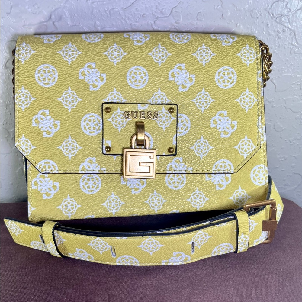 GUESS Yellow Crossbody Bag w/ Signature Jacquard, Peony & Quattro G in White.